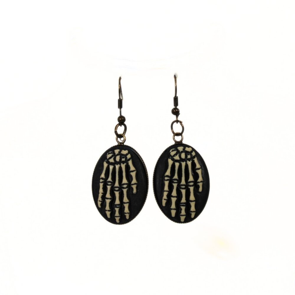 🔨 Gothic Victorian "Mourning Touch" Halloween Goth Skeleton Hand Cameo Earrings